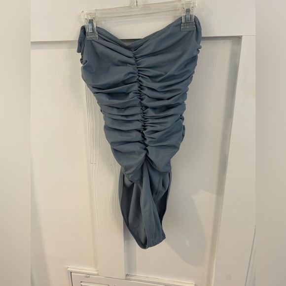 Norma Kamali ruched smocked blue strapless one piece swimsuit - Picture 2 of 4